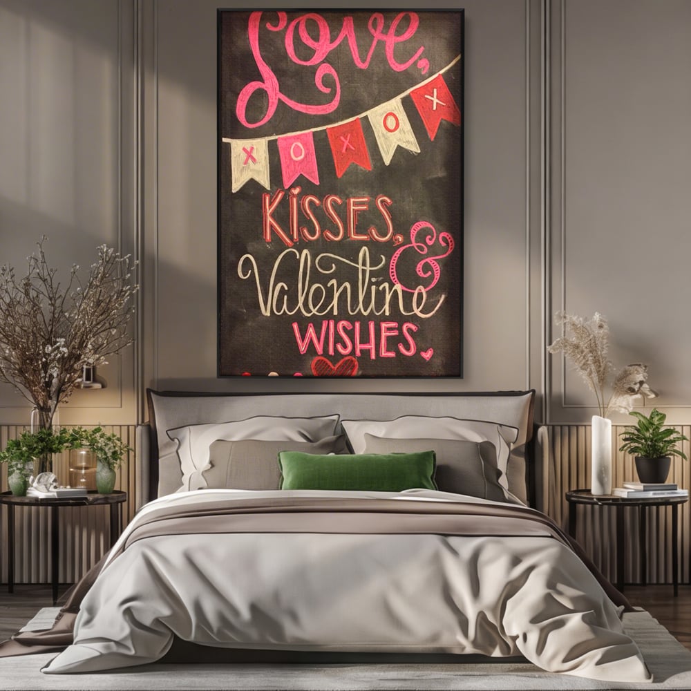 Tablou canvas cu tablou canvas cu mesaj de dragoste scris cu creta, in rama de aluminiu negru, pe perete intr-un dormitor